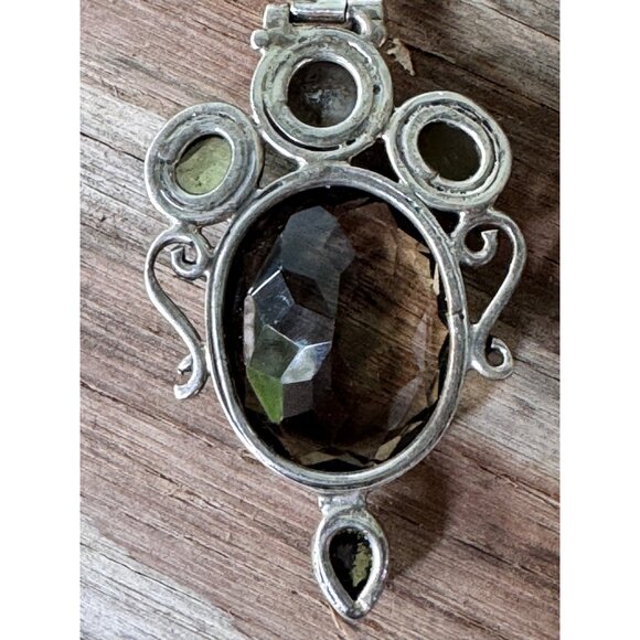 Vintage Sterling Silver Pendant W/ Smoky Quartz Green Peridot & Pearl Gemstones - Picture 4 of 6
